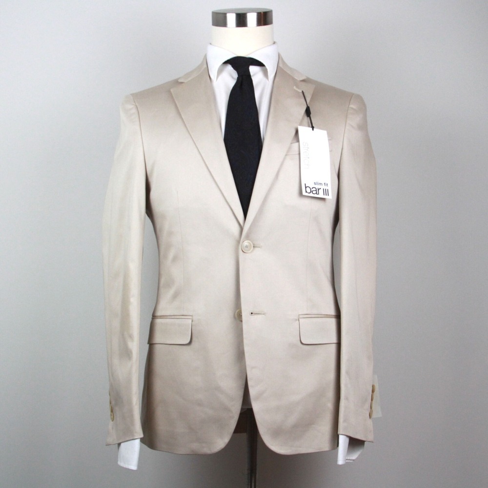 Bar III Mens Slim fit Suit Jacket Blazer 38R Beige Solid Stretch Cotton E05709